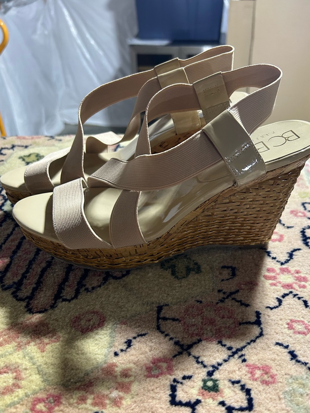 BCBG Nude Beige Elastic-Strap Wedge Sandals